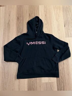 Messi Black Hoodie Sweatshirt Pink Logo Men’s size Large Soccer Football